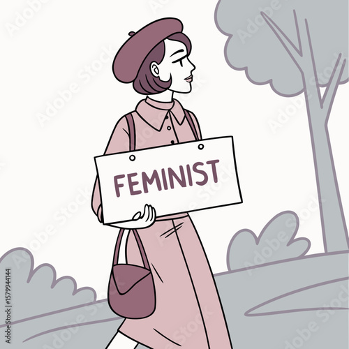 Empowered Woman Feminist Illustration with a Beret and Feminist Sign in a Park, promoting equality and female empowerment.
