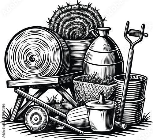 Still life with white kitchen utensils, a jug of milk, plates, cups, and bowls on an empty table