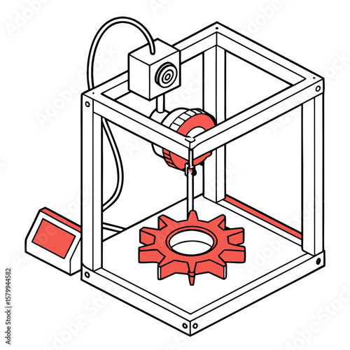 Conceptual illustration of a 3D printer fabricating a vibrant red cogwheel, highlighting innovation and the future of technology.