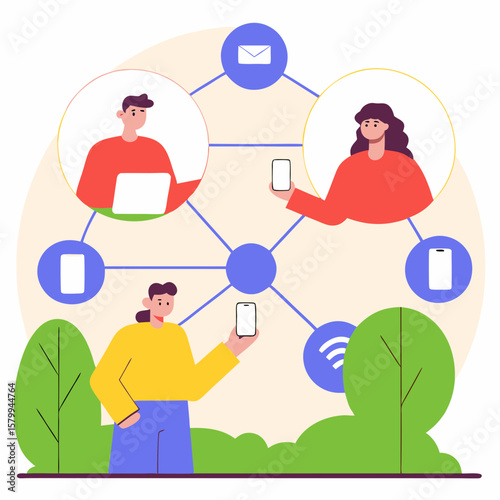 Network Communication Illustration Connected People and Devices Sharing Information, Representing a Global Digital Network