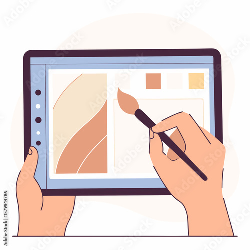 Digital Painting Hands Creating Art on Tablet with Brush and Color Palette, showcasing the digital creative process.