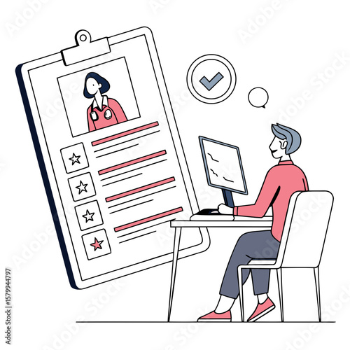 Online Healthcare Consultation Man Reviews Doctor's Profile on Digital Clipboard for Virtual Appointment