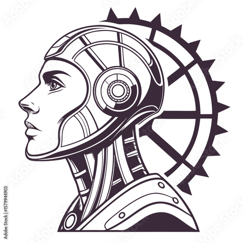 Steampunk Android Portrait Illustration with Ornate Gear Detailing, Showcasing Futuristic Design Elements