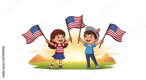 Two cartoon children holding American flags, celebrating a patriotic event, against a sunrise backdrop.