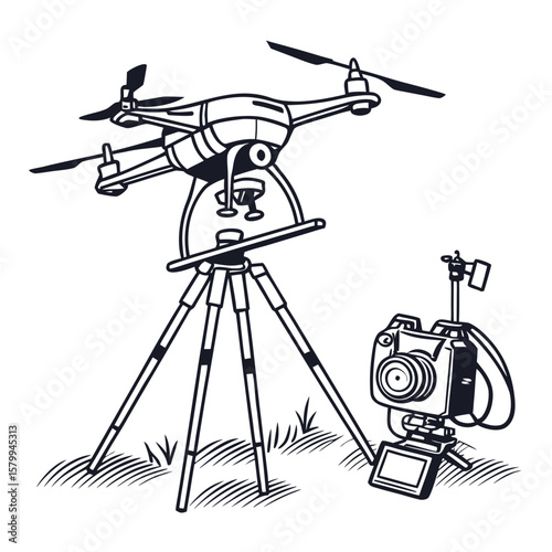 Drone Photography Gear Outline Remote Controlled Aerial Camera and Tripod for Landscape Photography