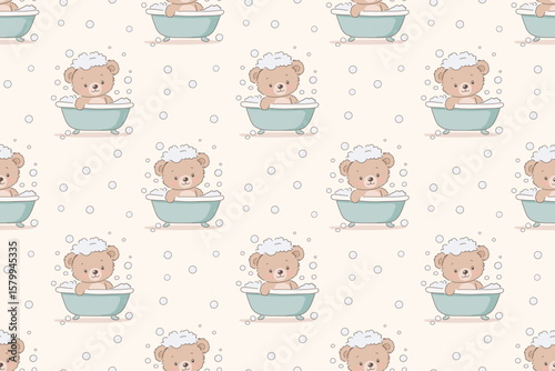 Cute Teddy Bears Enjoying a Playful Bath With Bubbles in a Seamless Vector Pattern Design for Playful Decor