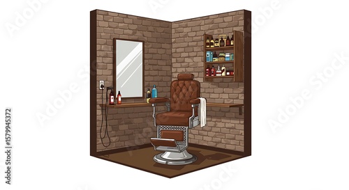 A digital illustration of a barbershop corner with brick wall, leather chair, and shelf of grooming products, centered on a clean white background
