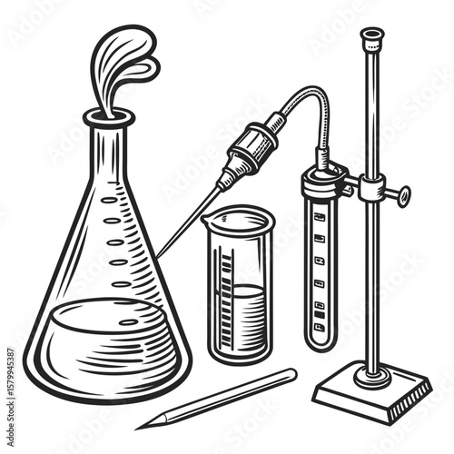 Chemistry Lab Sketch Experiment Setup with Beaker, Flask, and Stand for Scientific Analysis