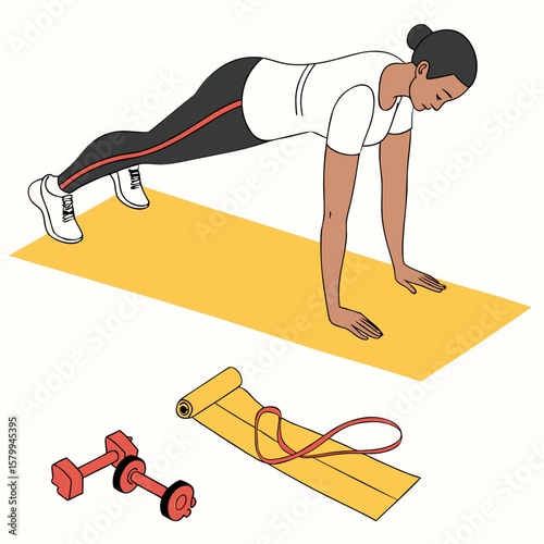 Fitness Focus Woman Doing Plank Exercise on a Yellow Mat with Dumbbells and Resistance Band Nearby