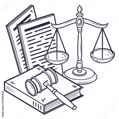 Justice Depiction Scales, Books, and Legal Documents Representing Legal System & Concepts in Illustration
