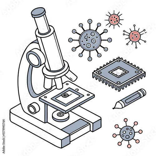 Isometric Illustration Microscope, Viruses, Microchip for Science & Technology Advancements