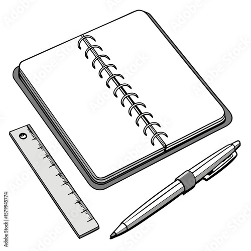 Simple Sketchbook Setup Pen, Ruler, and Blank Pages Ready for Creativity and Design