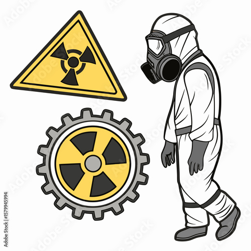 Hazmat Suit and Radiation Warning Sign  Illustration of a person wearing protective gear in a hazardous environment