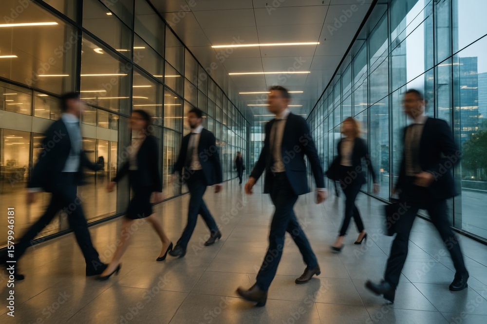 Fototapeta premium Urban Commute: A dynamic group of business professionals navigate a sleek, modern office corridor, embodying the pace and purpose of a fast-paced business environment.
