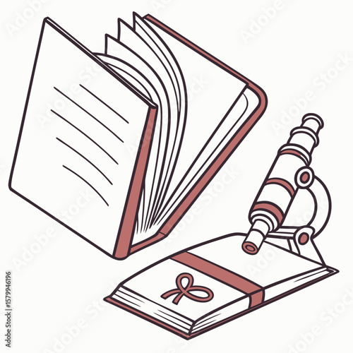 Scientific Study Book, Notebook, and Microscope Illustration for Education and Research