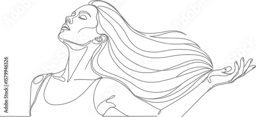 Continuous line drawing woman with flowing hair vector illustration minimal art portrait design concept
