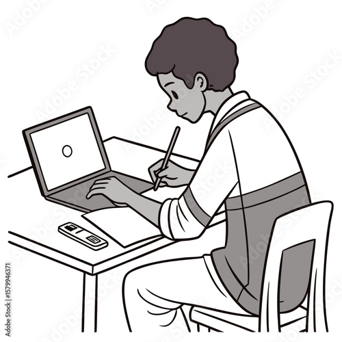Illustration of a Person Working from Home with Laptop and Paper on a Desk, an image for Remote Learning.