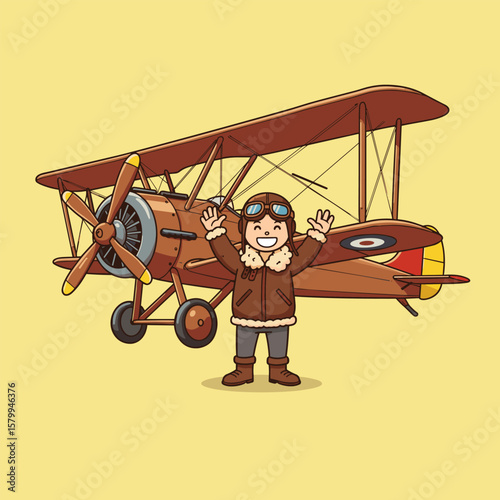 Cartoon pilot with raised arms in front of a vintage biplane on yellow background.