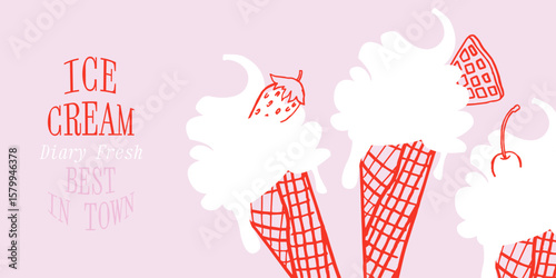 Ice cream banner design template. Vanilla cone, gelato Italian Cold dessert. Vector doodle sketch clipart for cafe, restaurant, food truck