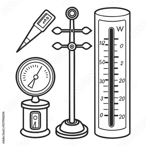 Vector illustration of scientific measurement equipment thermometer, pressure gauge and digital temperature probe