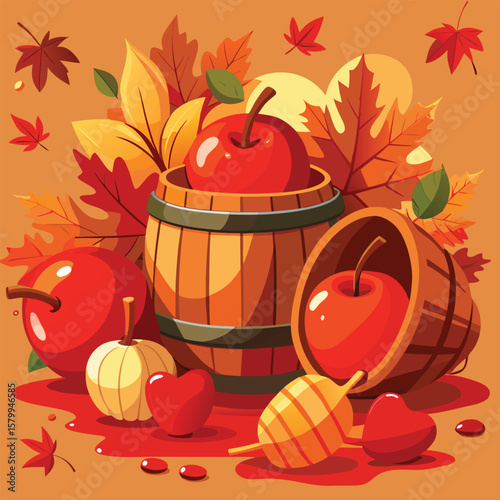 Autumn still life featuring apples, leaves, and pumpkins for a festive fall, Halloween, or Thanksgiving harvest decoration