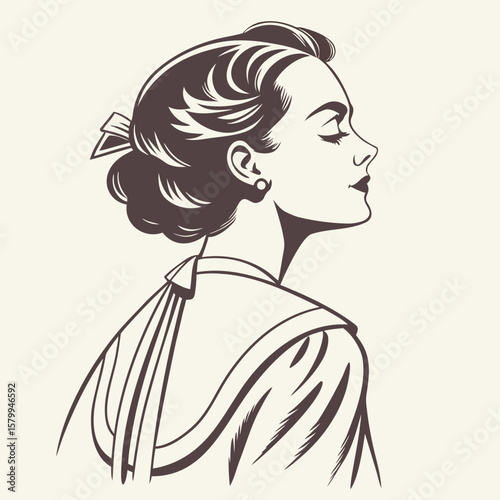 Elegant Vintage Woman Illustration - Graceful Profile with Classic Hairstyle and Timeless Charm in Black and White