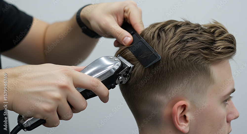 Fototapeta premium Close-up of a barber shaping a fade haircut using clippers, clean lines and fresh haircut visible, modern styling and clean background, 