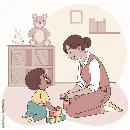 Mother and child building blocks together in a cozy room, fostering early childhood development.
