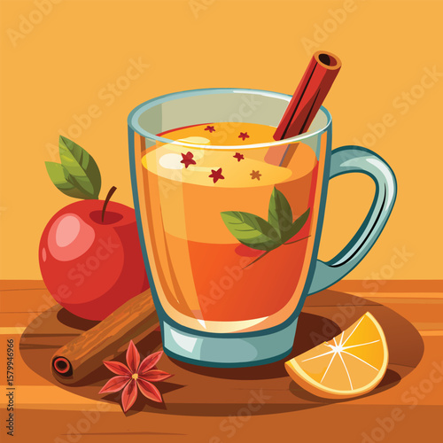 Hot mulled wine with lemon, cinnamon, and other spices in a glass