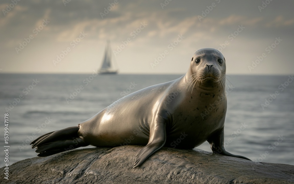 Obraz premium Seal on Rock Gazing at Distant Sailboat