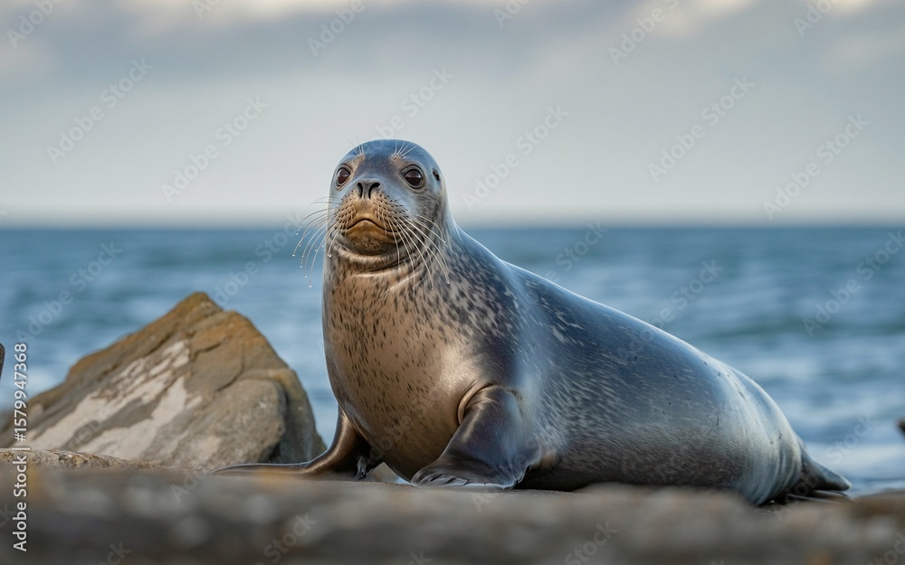 Fototapeta premium Close-up of a Seal Resting on Coastal Rocks