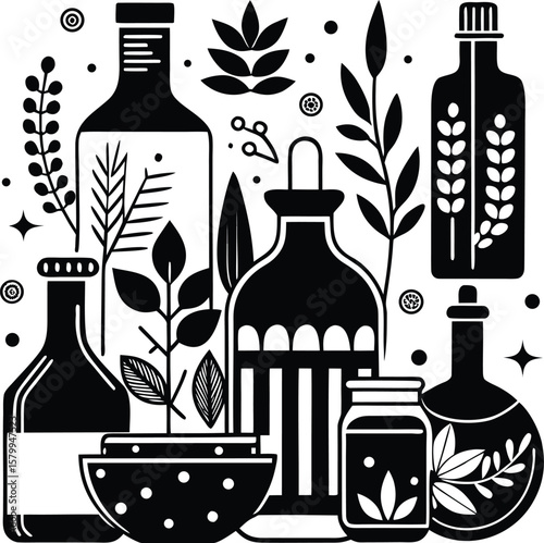 Vintage art design illustration of various wine bottles and glasses for