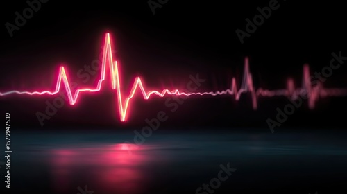 A vibrant, glowing pink heartbeat pulse line is displayed against a black background with a reflective surface.