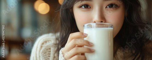 Close up view of an Asian woman drinking milk, Generative AI