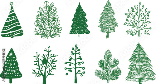 Hand Drawn Green Christmas Tree Seamless Pattern on White Background