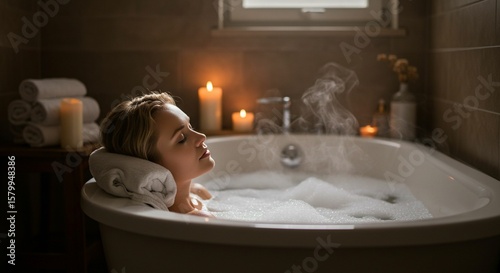 Woman relaxing in a warm bath