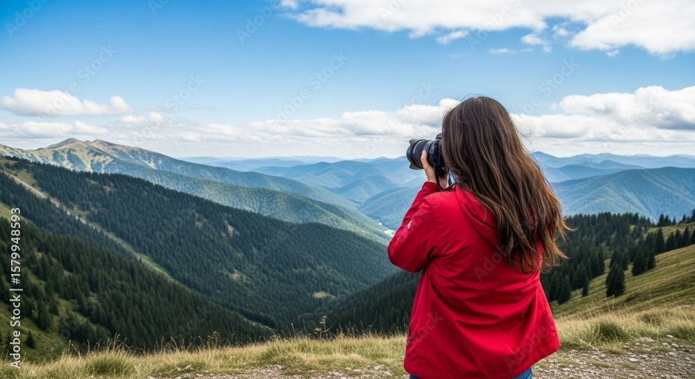 Naklejka premium Photographer capturing layered mountain range with a DSLR camera in natural light