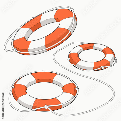 
a group of orange and white life buoys