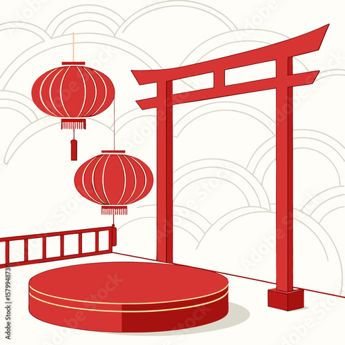
a red arch and lanterns