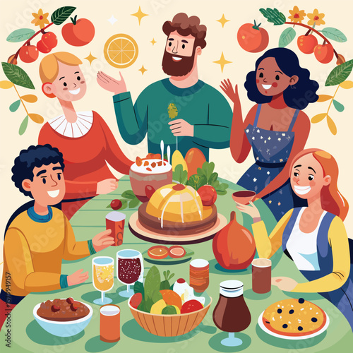 Happy cartoon family celebrating a birthday, eating cake with smiling children