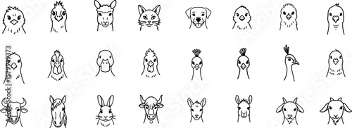 Farm Animal Faces Stroke Icon Collection Containing Chicken, Cow, Goat, Pig, Sheep, and more. Editable Outline Icon Set in Minimal Style.
