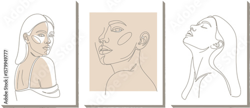 Set of three line art woman face drawing posters, minimalist female portrait illustration for wall decor