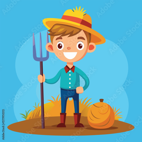 Cartoon farmer character with a shovel, bucket of corn, and hardhat, illustrating simplicity and the diligent work of an industrial builder or repairman
