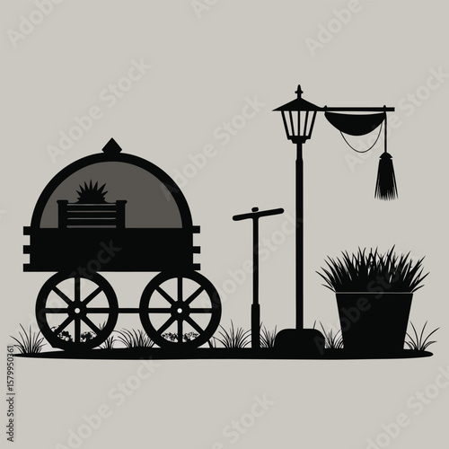A retro illustration of farm animals with a vintage horse-drawn cart and antique vehicle silhouettes