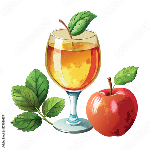 Fresh apple juice in a glass, with and without mint or a leaf, isolated on white for a healthy and refreshing drink
