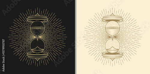 Ornamental hourglass illustration gold engraving on black and white background