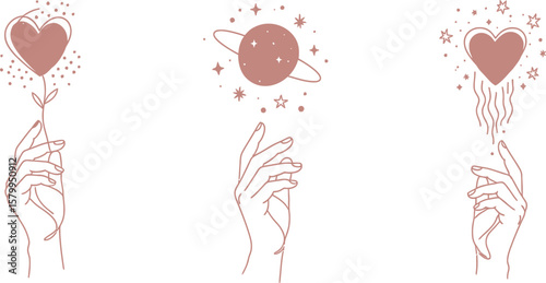 Minimalist hand art print set, aesthetic line drawing, boho wall decor, love heart, planet, stars art