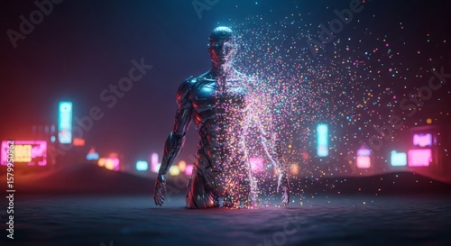 Digital Metamorphosis: A futuristic, cybernetic figure undergoes a stunning transformation, dissolving into a cascade of particles against a vibrant, neon-lit cityscape. This image blends technology.