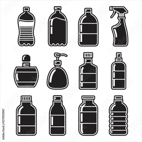 Assorted black liquid containers with white outlines bottle spray bottle