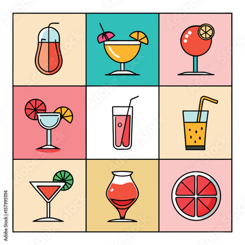 Diverse collection of drink glasses with various alcoholic and non-alcoholic beverages, including cocktails, wine, beer, and coffee, in an illustrative vector icon set